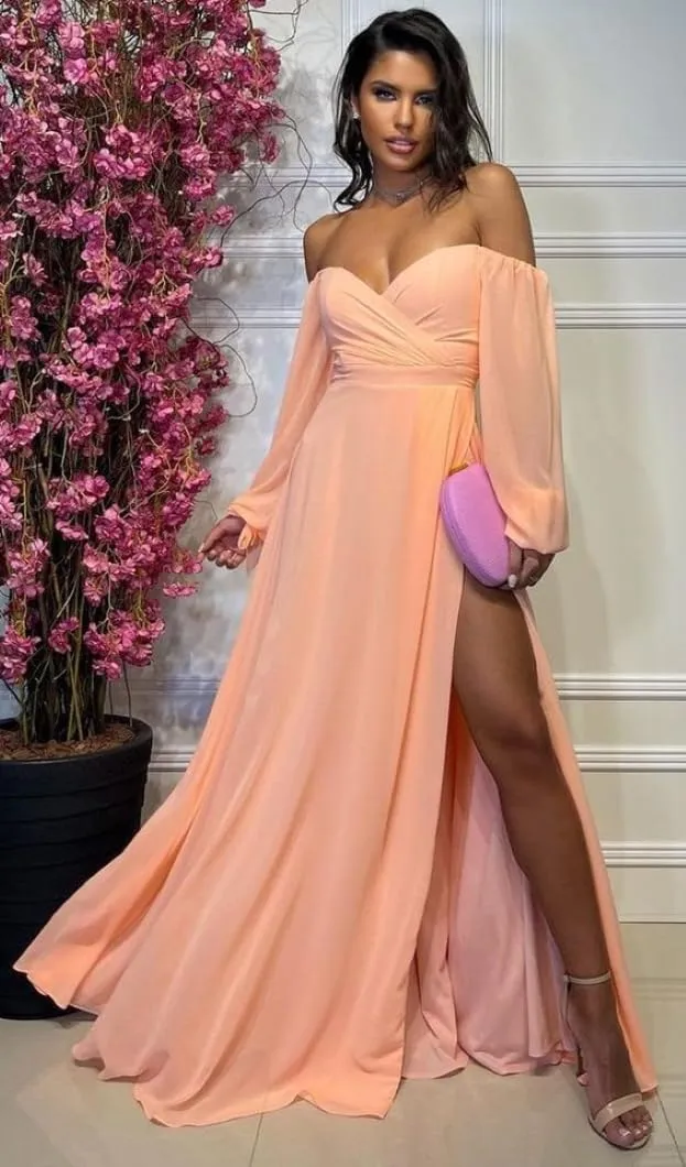 Long Sleeve Bridesmaid Dresses for Women A Line Off The Shoulder Chiffon Formal Evening Dress with Slit