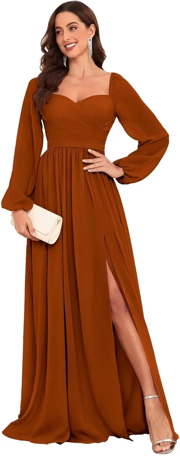 Long Sleeve Bridesmaid Dresses for Women Long Pleated Chiffon Formal Evening Dresses with Slit