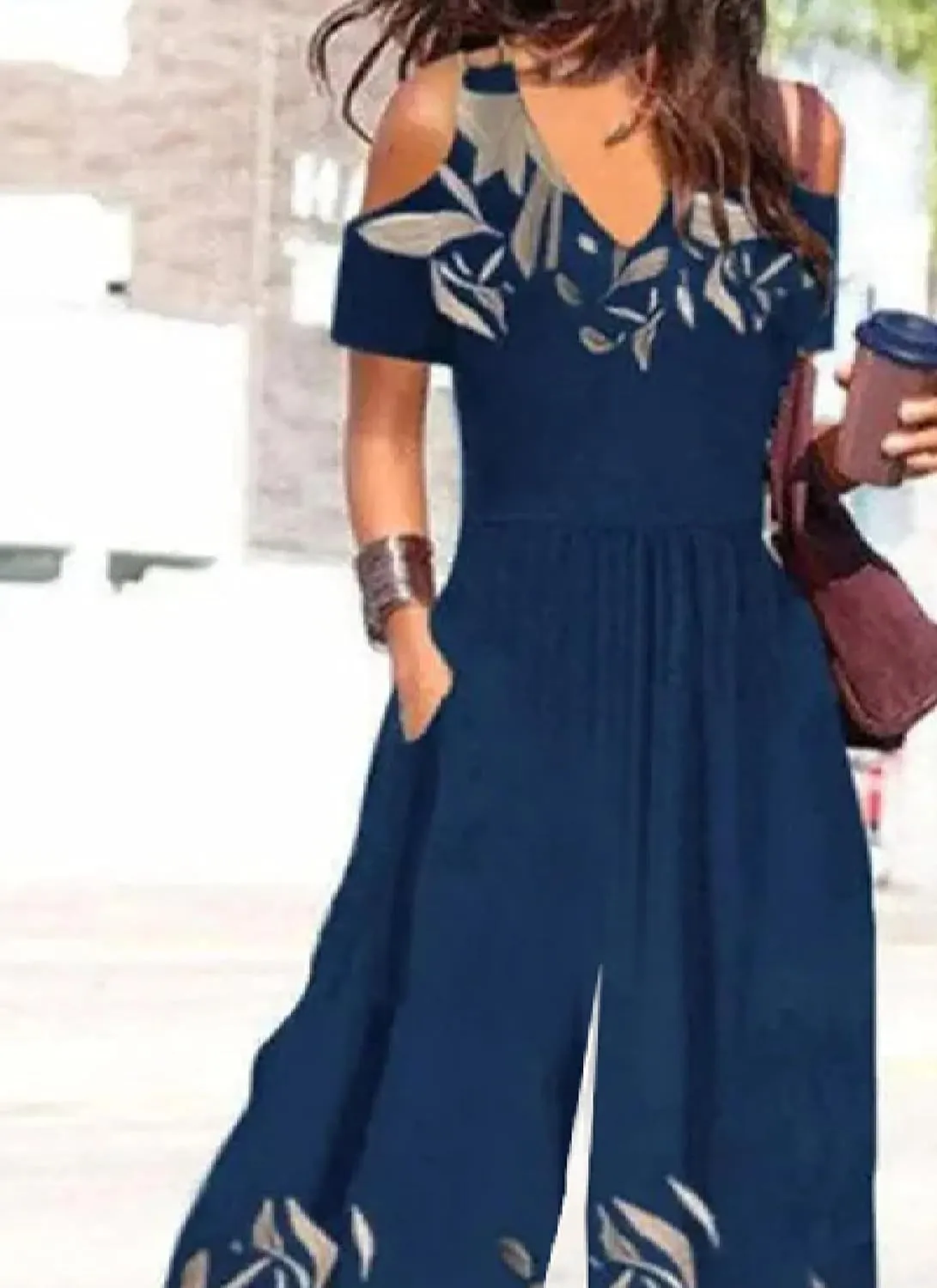 LOZ Jumpsuit for Women Dressy Casual 2025 Short Sleeve One Piece Rompers Navy Blue Floral Cold Shoulder Outfits for Summer