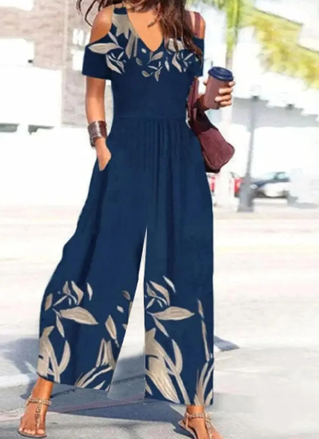 LOZ Jumpsuit for Women Dressy Casual 2025 Short Sleeve One Piece Rompers Navy Blue Floral Cold Shoulder Outfits for Summer