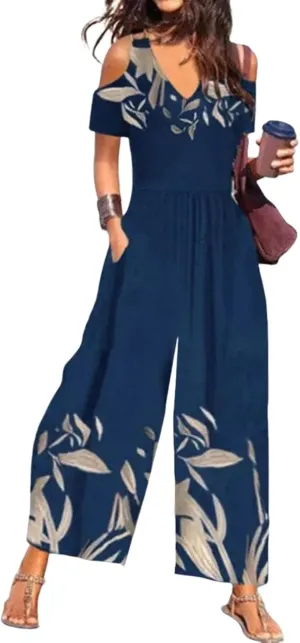LOZ Jumpsuit for Women Dressy Casual 2025 Short Sleeve One Piece Rompers Navy Blue Floral Cold Shoulder Outfits for Summer
