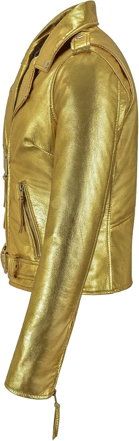 LP-FACON Womens Golden Foiled Metallic Brando Motorcycle Biker Leather Jacket