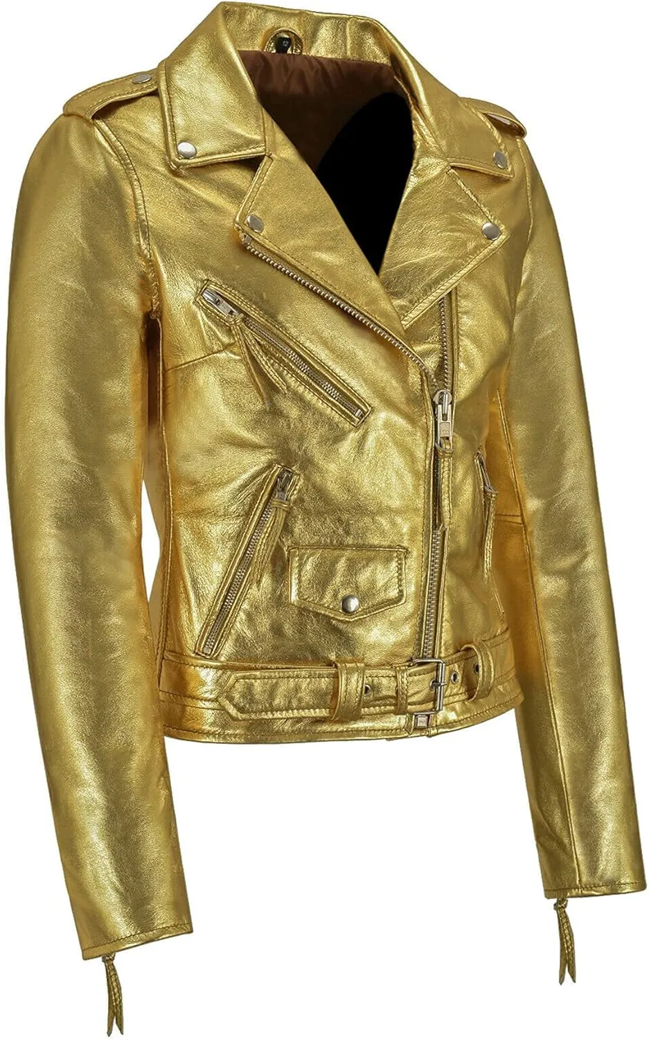 LP-FACON Womens Golden Foiled Metallic Brando Motorcycle Biker Leather Jacket
