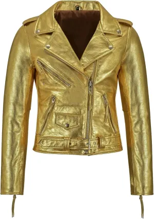 LP-FACON Womens Golden Foiled Metallic Brando Motorcycle Biker Leather Jacket