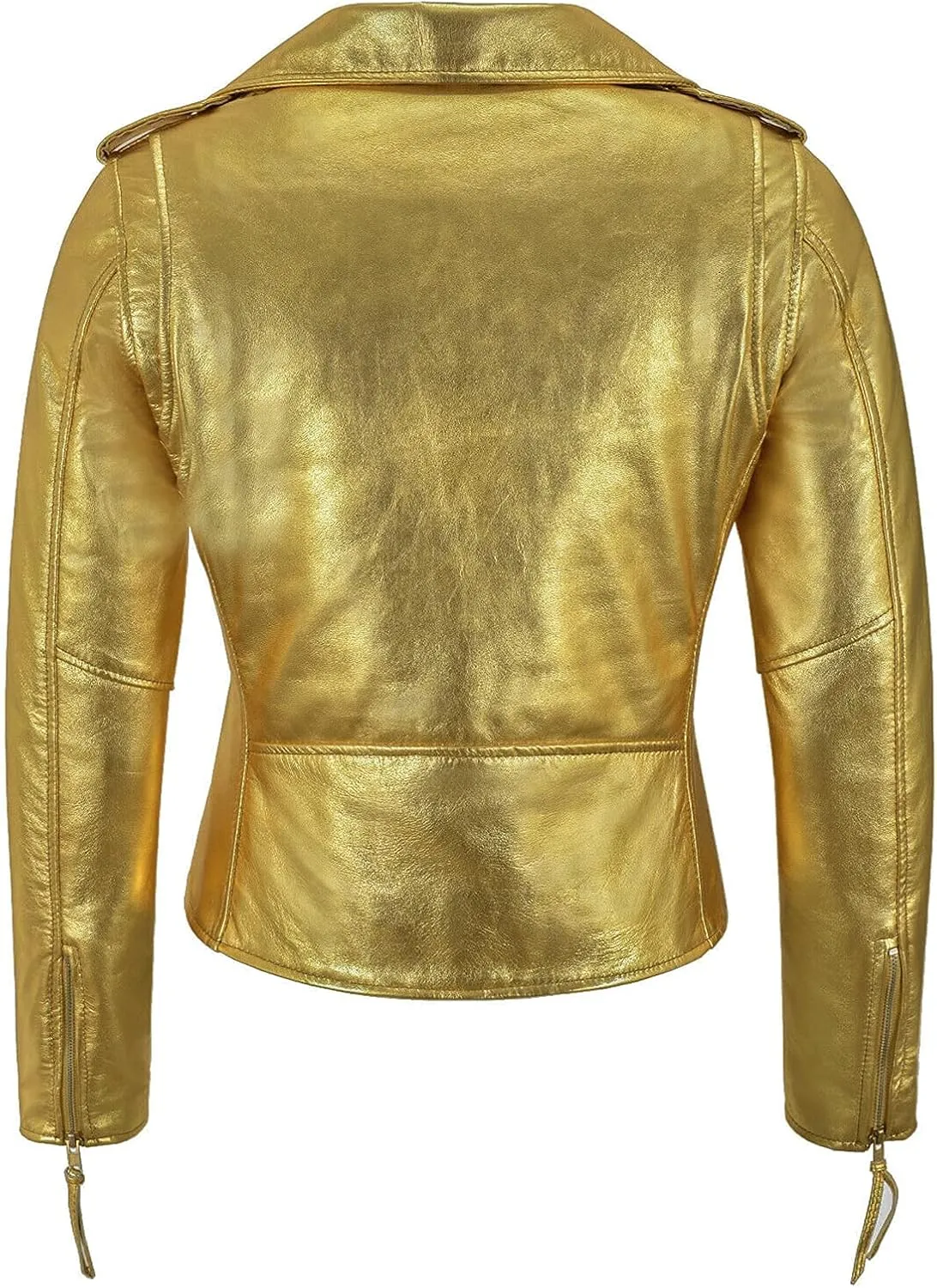 LP-FACON Womens Golden Foiled Metallic Brando Motorcycle Biker Leather Jacket