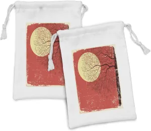 Lunarable Grunge Fabric Pouch Set of 2, Tree Under Evening Sky and Full Moon Illustration on Old Vintage Paper Print, Small Drawstring Bag for Toiletries Masks and Favors, 9" x 6", Red Brown Yellow
