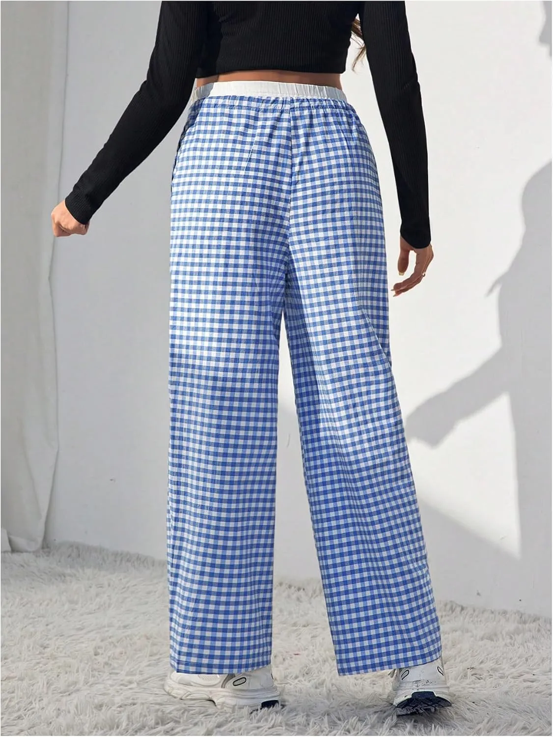 MakeMeChic Women's Maternity Gingham Plaid Pants High Waist Drawstring Straight Pregnancy Trousers