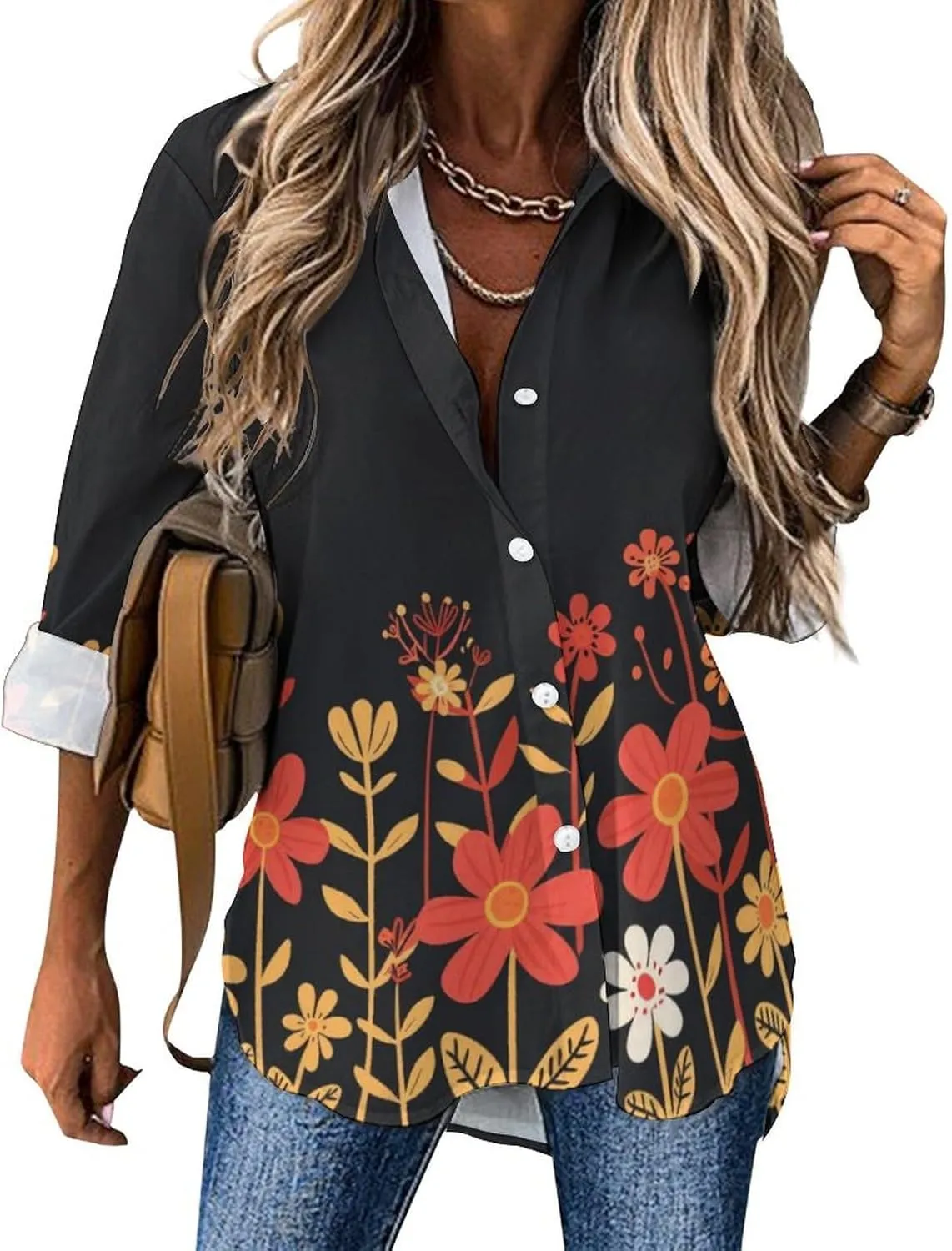 MARSVOVO Hawaiian Shirt for Women Fashion Boho Floral Print Long Sleeve Blouse Button Down V Neck Soft Shirt