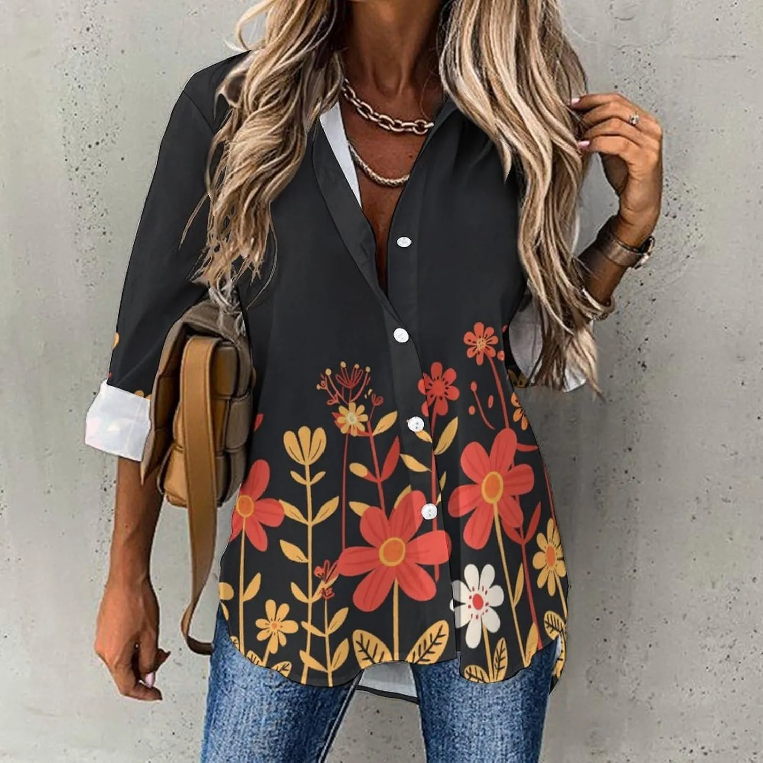 MARSVOVO Hawaiian Shirt for Women Fashion Boho Floral Print Long Sleeve Blouse Button Down V Neck Soft Shirt