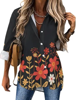 MARSVOVO Hawaiian Shirt for Women Fashion Boho Floral Print Long Sleeve Blouse Button Down V Neck Soft Shirt