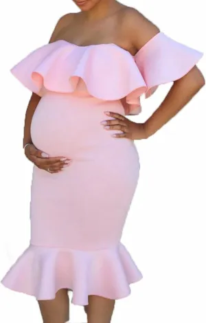Maternity Photography Props Floral Ruffle Dress Fancy Pregnancy Gown for Baby Shower Photo Shoot for Photography