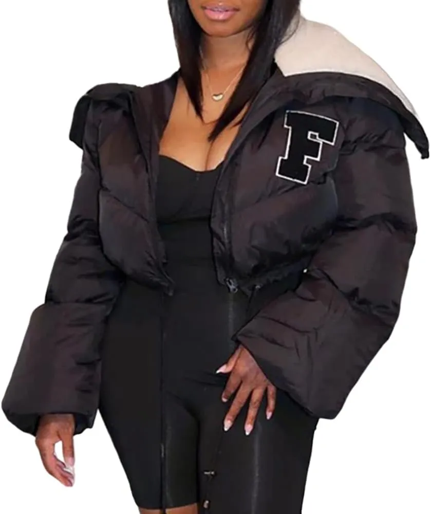 Mayntop Women Sherpa Polar Fleece Shawl Collar Cropped Letter Puffer Bomber Varsity Jacket Zipper Cotton Padded Streetwear