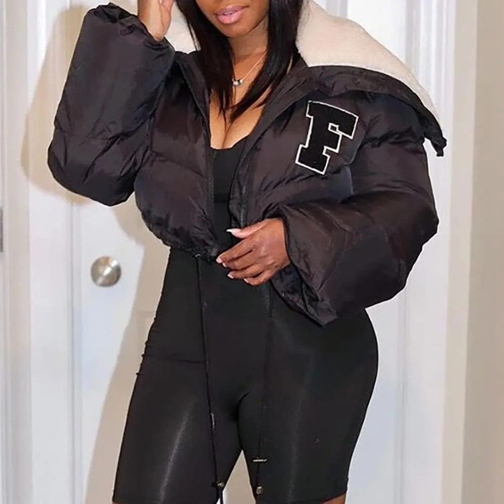 Mayntop Women Sherpa Polar Fleece Shawl Collar Cropped Letter Puffer Bomber Varsity Jacket Zipper Cotton Padded Streetwear
