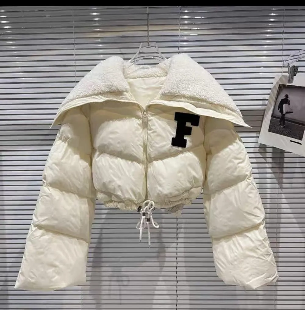 Mayntop Women Sherpa Polar Fleece Shawl Collar Cropped Letter Puffer Bomber Varsity Jacket Zipper Cotton Padded Streetwear