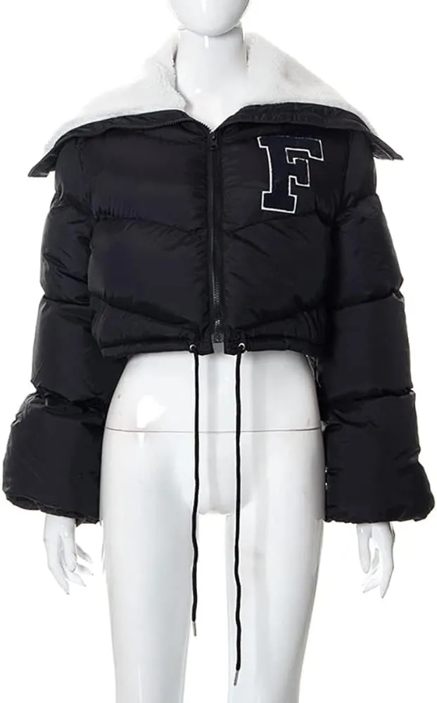 Mayntop Women Sherpa Polar Fleece Shawl Collar Cropped Letter Puffer Bomber Varsity Jacket Zipper Cotton Padded Streetwear