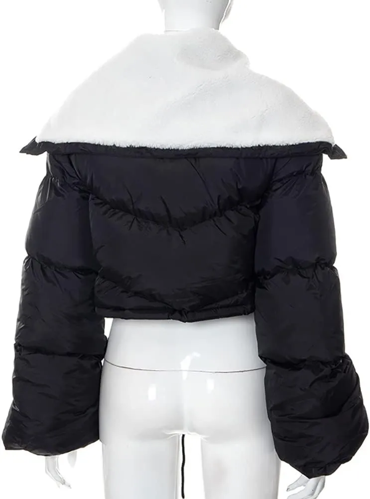 Mayntop Women Sherpa Polar Fleece Shawl Collar Cropped Letter Puffer Bomber Varsity Jacket Zipper Cotton Padded Streetwear