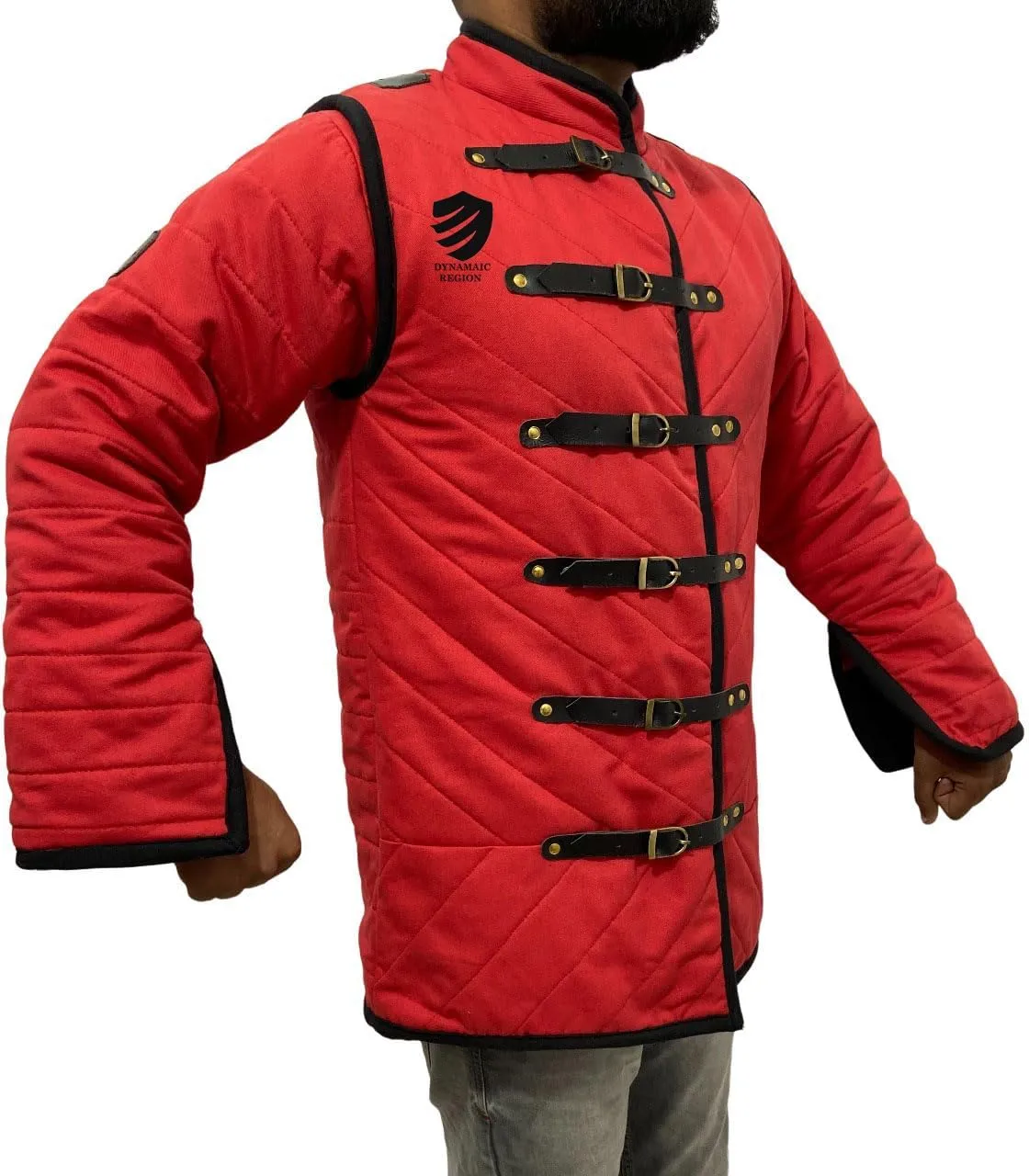 Medieval Red Gambeson Thick Padded Full Sleeves Gambeson Coat Aketon Jacket Armor, Cotton Fabric Gambeson Armor