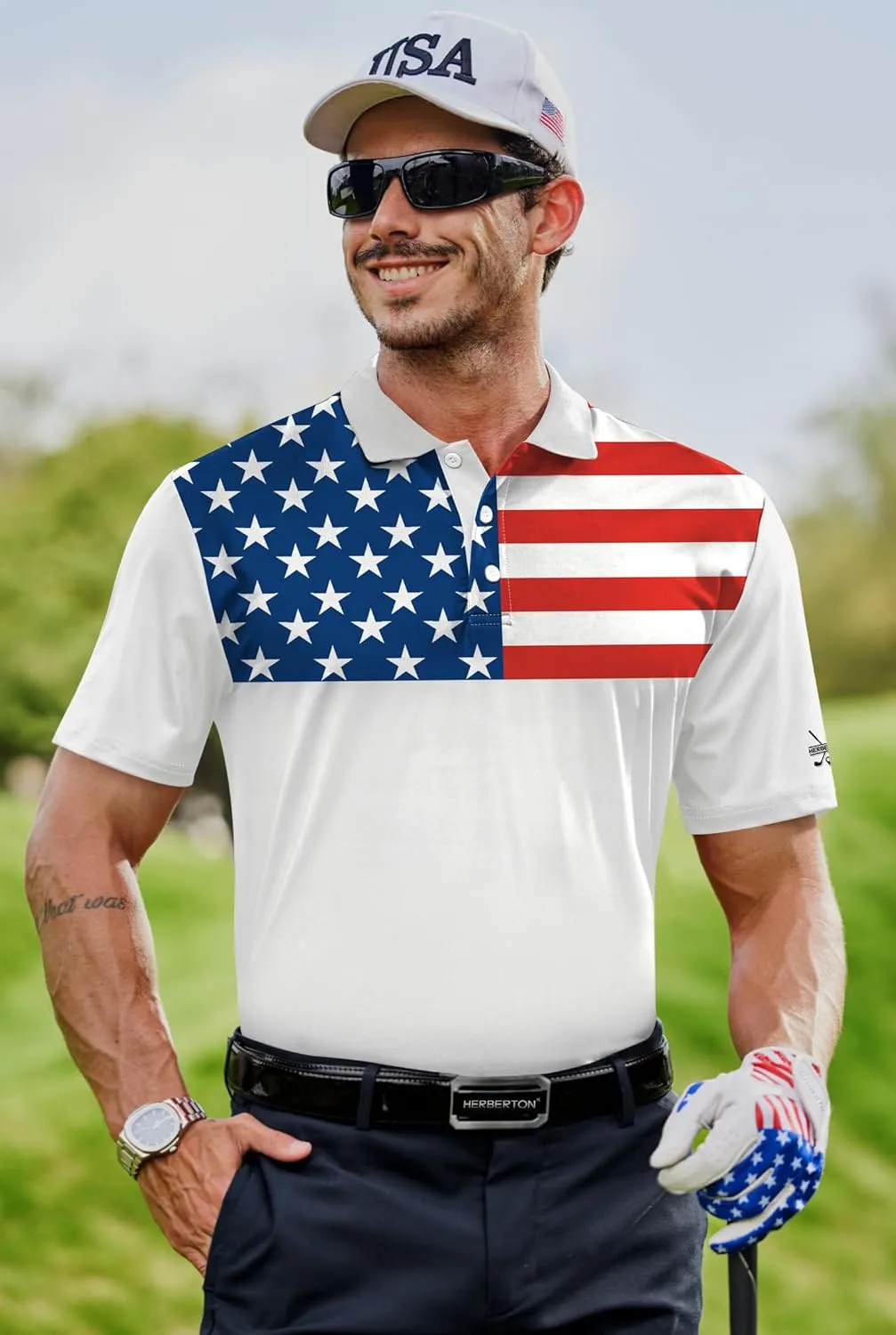 Men American Flag Golf Polo Stretch Moisture Wicking Patriotic 4th of July Shirts (S-3XL)