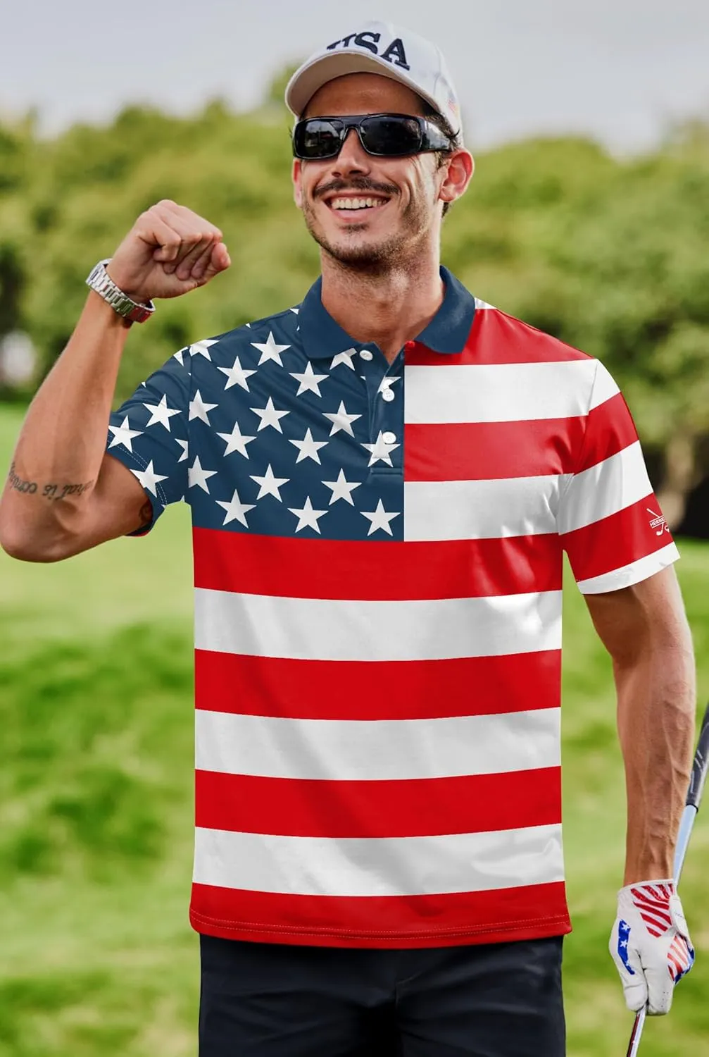 Men American Flag Golf Polo Stretch Moisture Wicking Patriotic 4th of July Shirts (S-3XL)