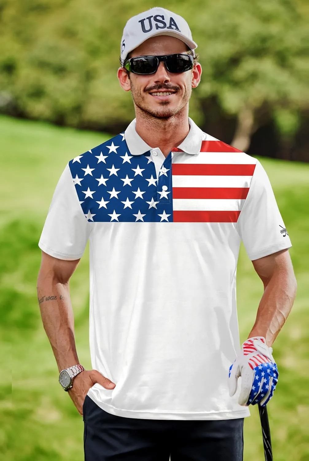 Men American Flag Golf Polo Stretch Moisture Wicking Patriotic 4th of July Shirts (S-3XL)