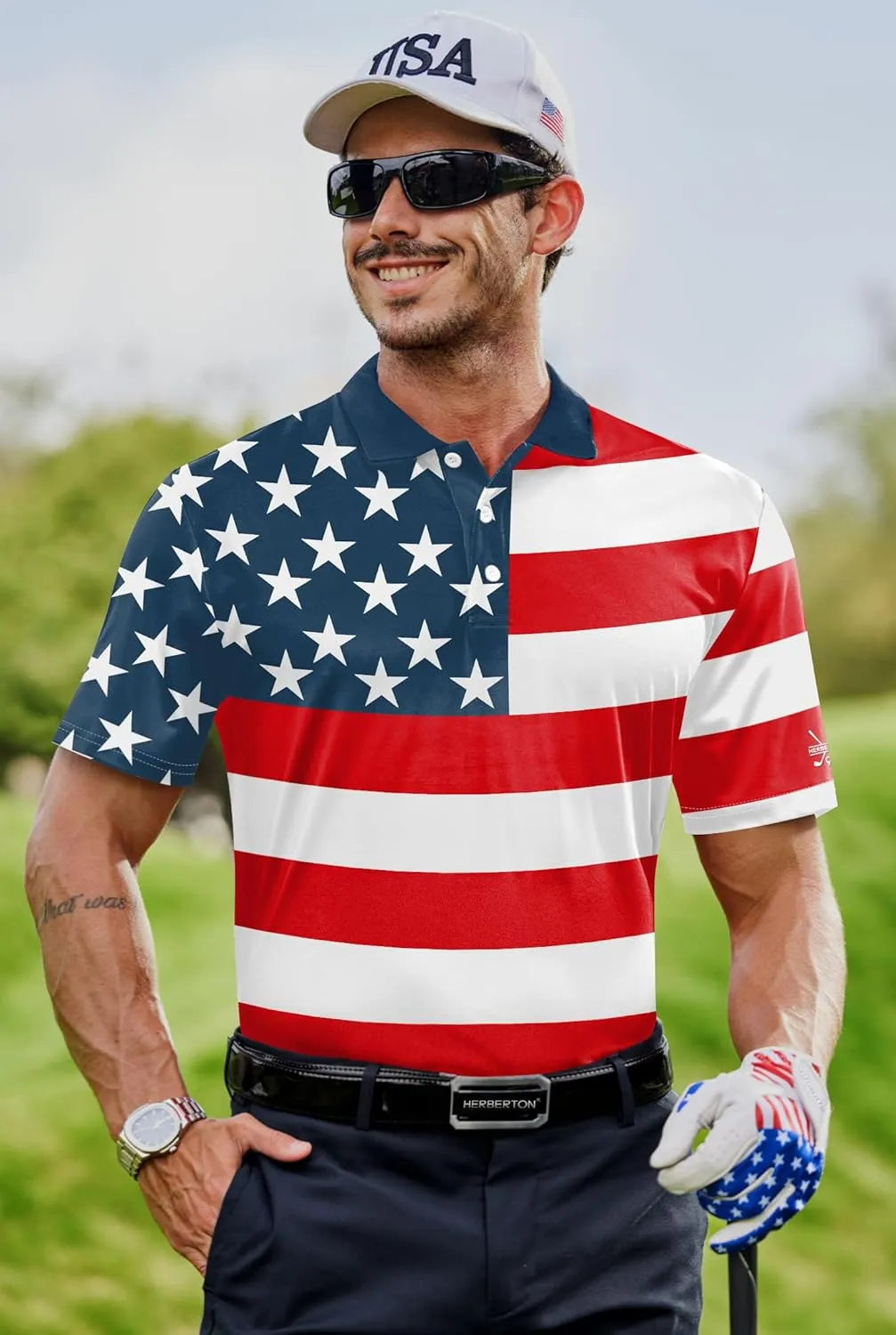 Men American Flag Golf Polo Stretch Moisture Wicking Patriotic 4th of July Shirts (S-3XL)