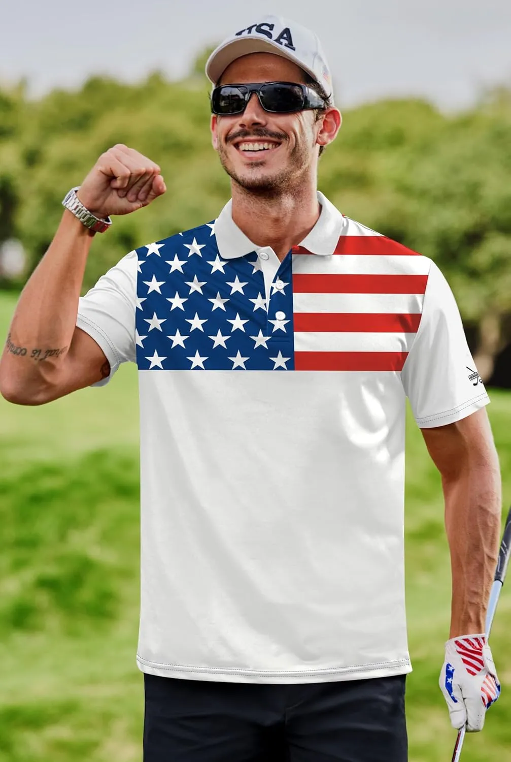 Men American Flag Golf Polo Stretch Moisture Wicking Patriotic 4th of July Shirts (S-3XL)