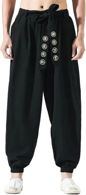 Men Hippie Harem Pants Baggy Linen Casual Drop Crotch Trouser Men's Casual Jogger Pants with Elastic Waist