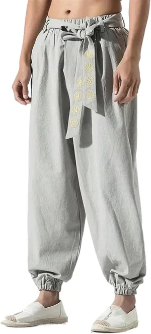 Men Hippie Harem Pants Baggy Linen Casual Drop Crotch Trouser Men's Casual Jogger Pants with Elastic Waist