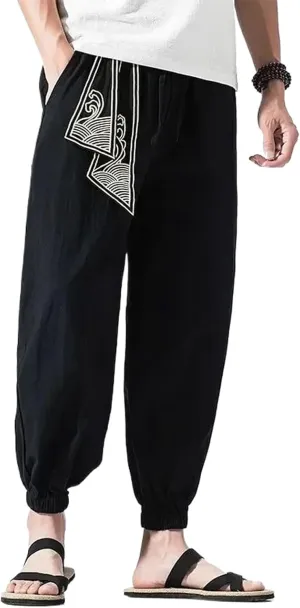 Men Hippie Harem Pants Baggy Linen Casual Drop Crotch Trouser Men's Casual Jogger Pants with Elastic Waist