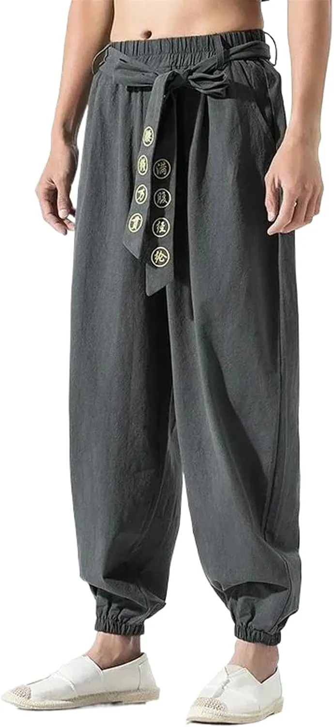 Men Hippie Harem Pants Baggy Linen Casual Drop Crotch Trouser Men's Casual Jogger Pants with Elastic Waist