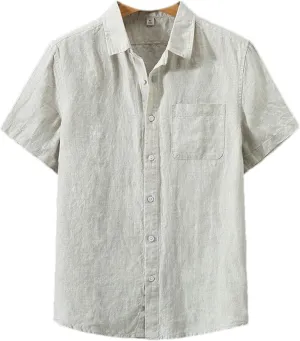Men Lapel Linen Shirt Short Sleeve Summer Chinese Retro Casual Basic Thin Breathable Shirt