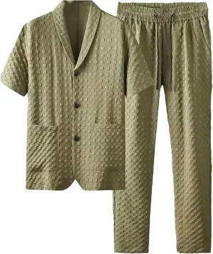 Men Spring Summer Casual Notched Short Sleeve Shirts Drawstring Pants Suit Solid Pattern Printed Outfit