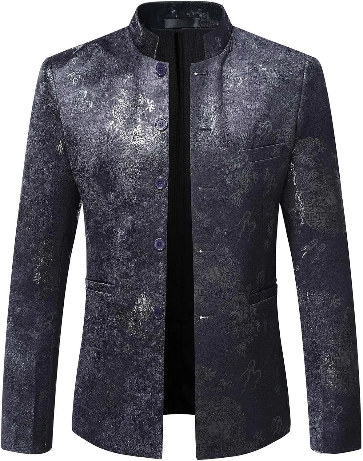Men's Chinese Dragon Print Tunic Suit Mandarin Collar Slim Fit Suit Jacket Front Button Blazer Traditional Uniform