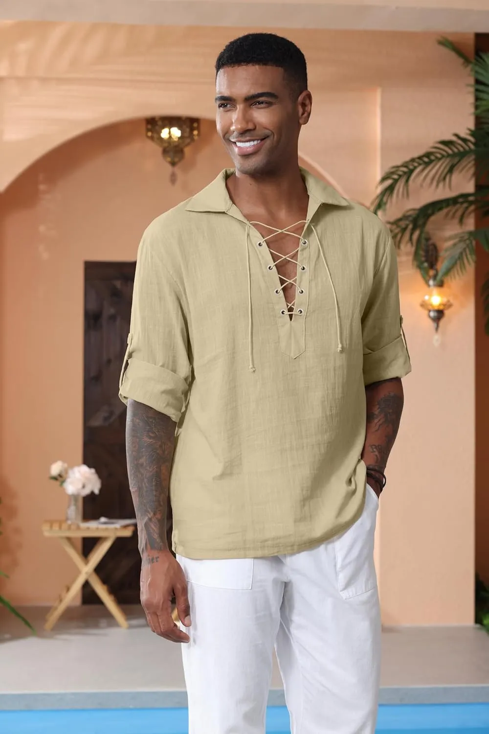 Men's Cotton Linen Shirt Retro Lace Up Drawstring Shirts Renaissance Pirate Viking Medieval Halloween Costume
