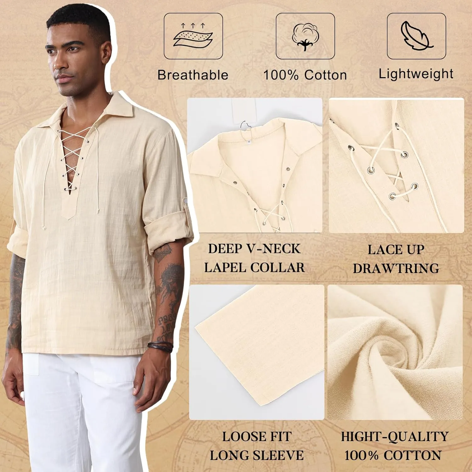 Men's Cotton Linen Shirt Retro Lace Up Drawstring Shirts Renaissance Pirate Viking Medieval Halloween Costume