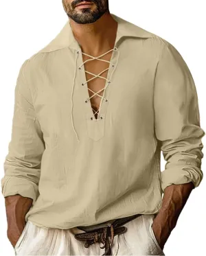 Men's Cotton Linen Shirt Retro Lace Up Drawstring Shirts Renaissance Pirate Viking Medieval Halloween Costume
