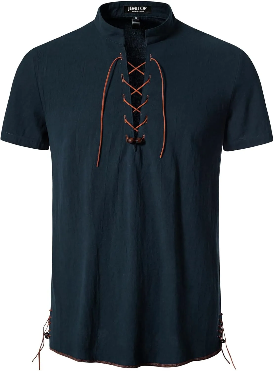 Men's Pure Cotton Vintage Short Sleeve Lace Up Shirts for Renaissance Pirate Viking Medieval Costume