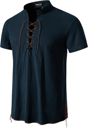 Men's Pure Cotton Vintage Short Sleeve Lace Up Shirts for Renaissance Pirate Viking Medieval Costume