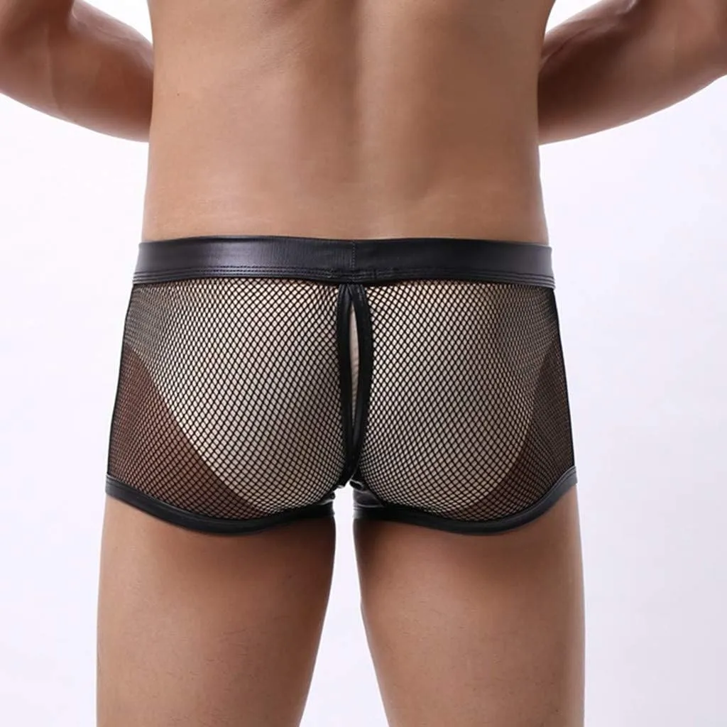 Men's Sexy Underwear Bulge Pouch See Through Mesh Underpants Low Rise Trunks Boxers Briefs Faux Leather Front
