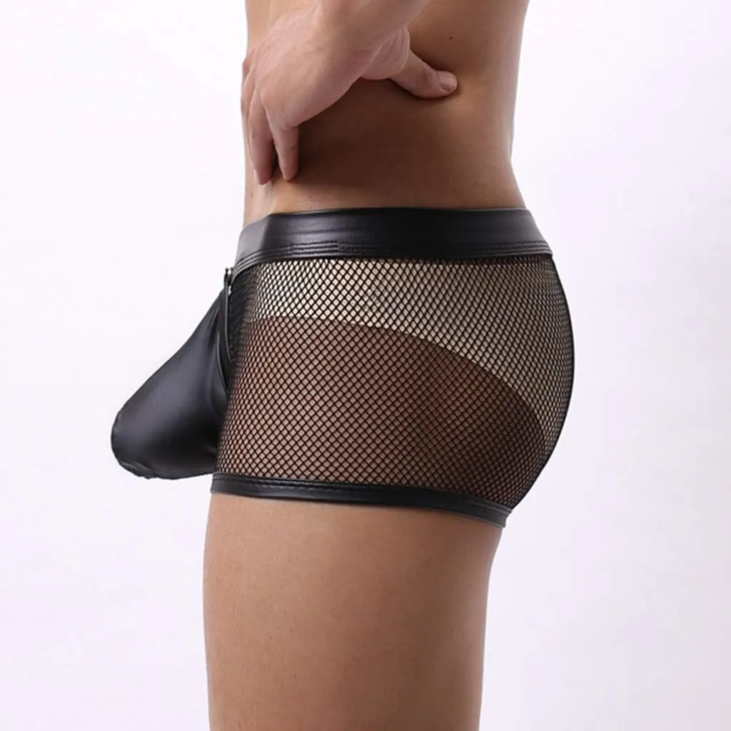 Men's Sexy Underwear Bulge Pouch See Through Mesh Underpants Low Rise Trunks Boxers Briefs Faux Leather Front