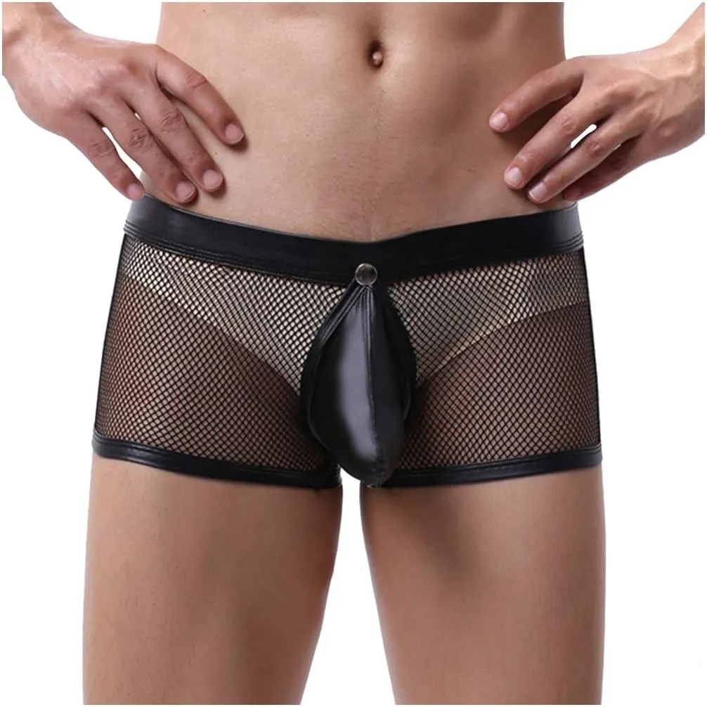 Men's Sexy Underwear Bulge Pouch See Through Mesh Underpants Low Rise Trunks Boxers Briefs Faux Leather Front