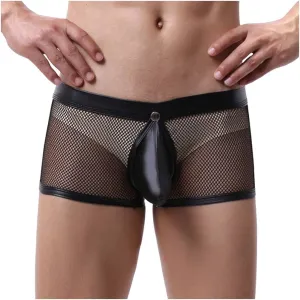 Men's Sexy Underwear Bulge Pouch See Through Mesh Underpants Low Rise Trunks Boxers Briefs Faux Leather Front