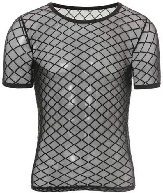 Men's Special Use Costumes Mens Undershirts Shorts Sleeve Mesh Transparent Tops Tees Fishnet Fitness Bodybuilding Summer Singlet T-Shirts Underwear Shirts (Color : Black, Size : M)