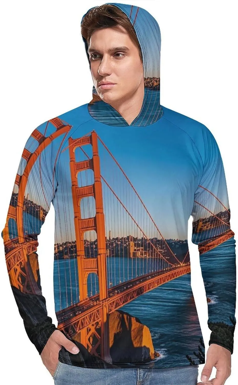 Men's UPF 50  Sun Protection Hoodie Outdoor UV Shirts San Francisco Bay Bridge Long Sleeve Quick Dry Fishing Hiking Shirt