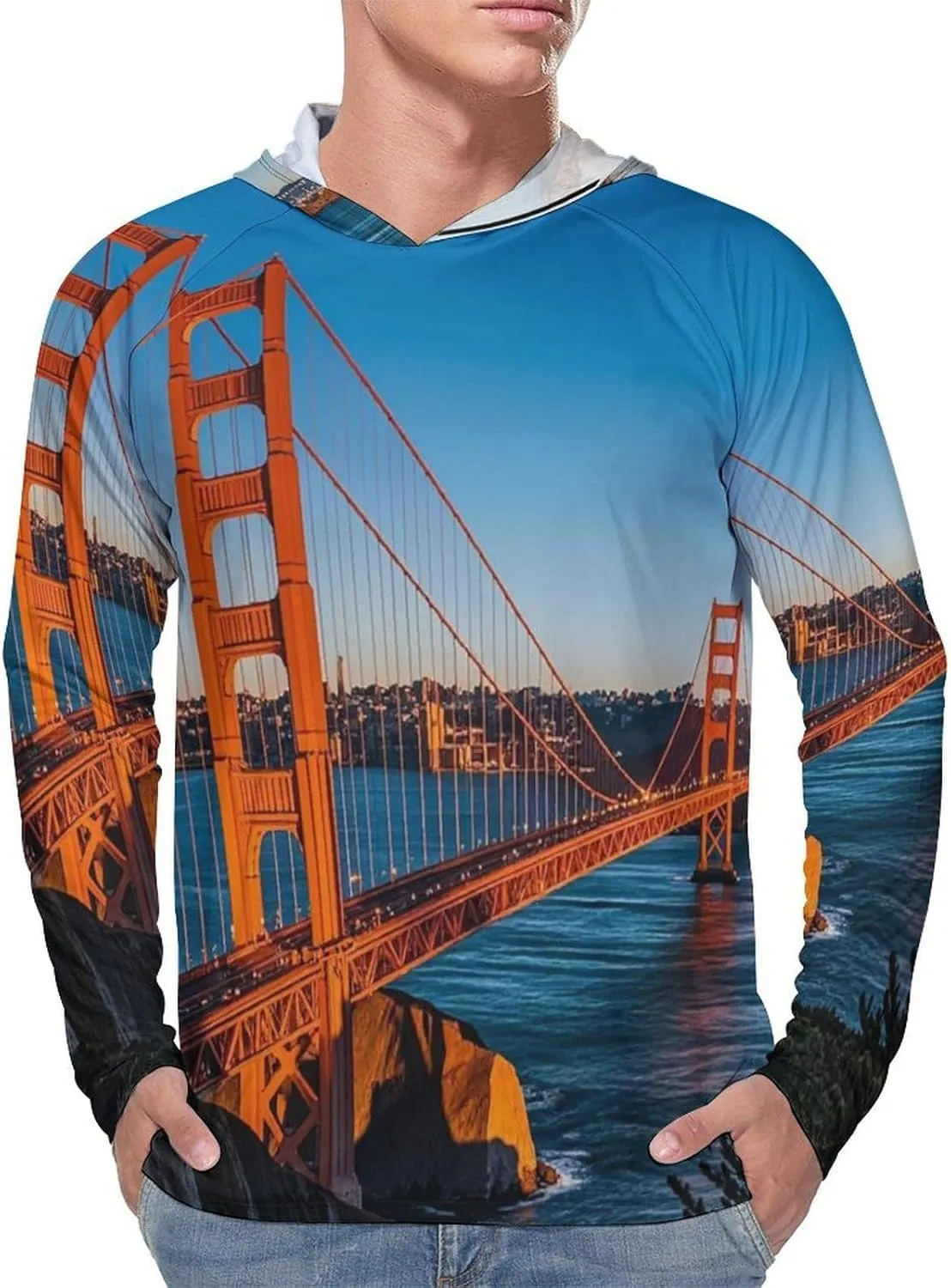 Men's UPF 50  Sun Protection Hoodie Outdoor UV Shirts San Francisco Bay Bridge Long Sleeve Quick Dry Fishing Hiking Shirt