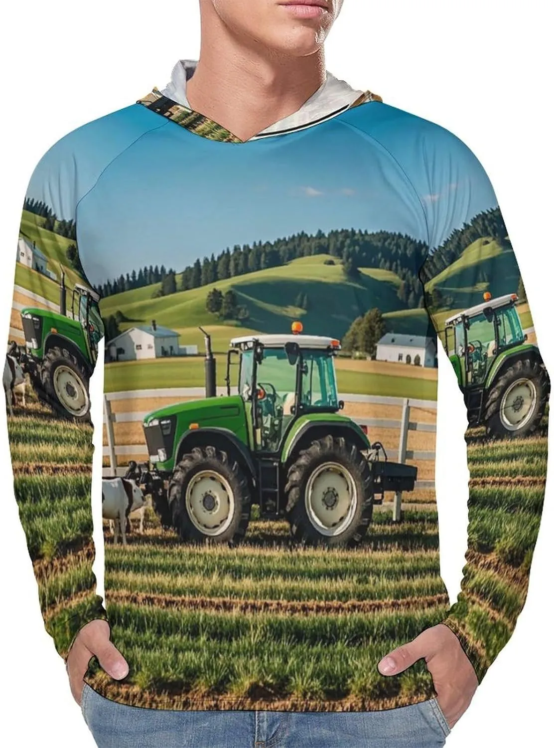 Men's UPF 50  Sun Protection Hoodie Outdoor UV Shirts Tractor Milk Farm Long Sleeve Quick Dry Fishing Hiking Shirt