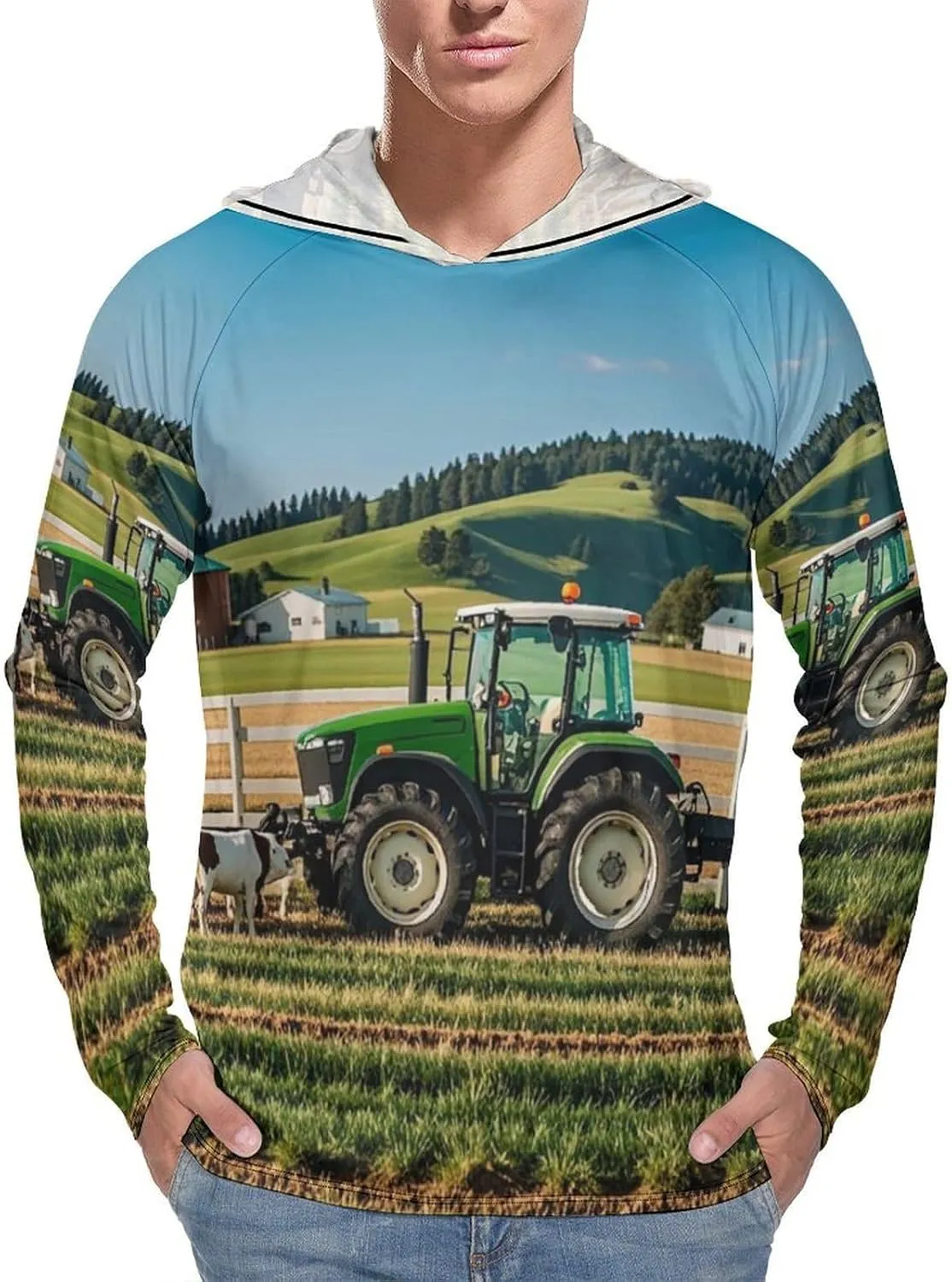 Men's UPF 50  Sun Protection Hoodie Outdoor UV Shirts Tractor Milk Farm Long Sleeve Quick Dry Fishing Hiking Shirt