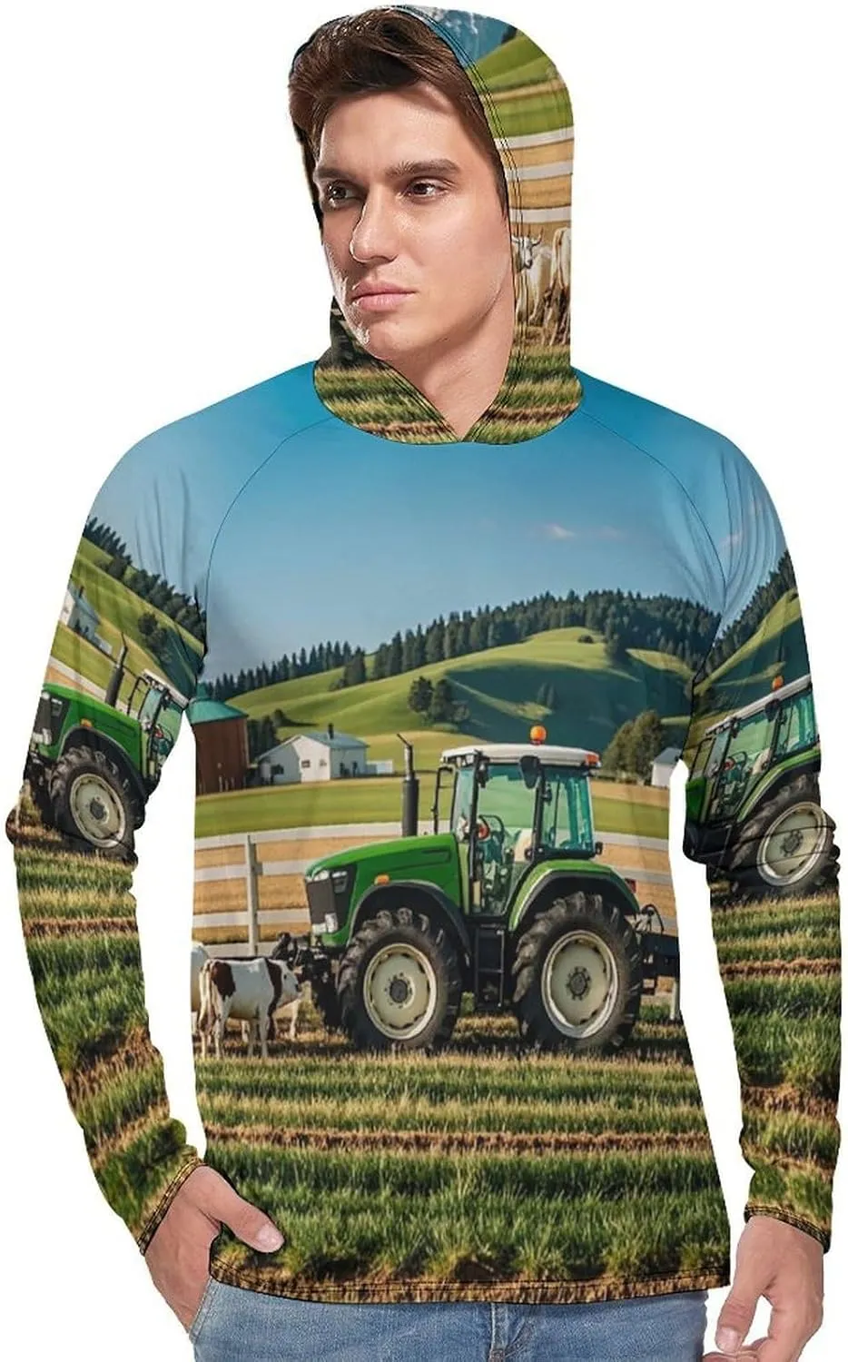 Men's UPF 50  Sun Protection Hoodie Outdoor UV Shirts Tractor Milk Farm Long Sleeve Quick Dry Fishing Hiking Shirt