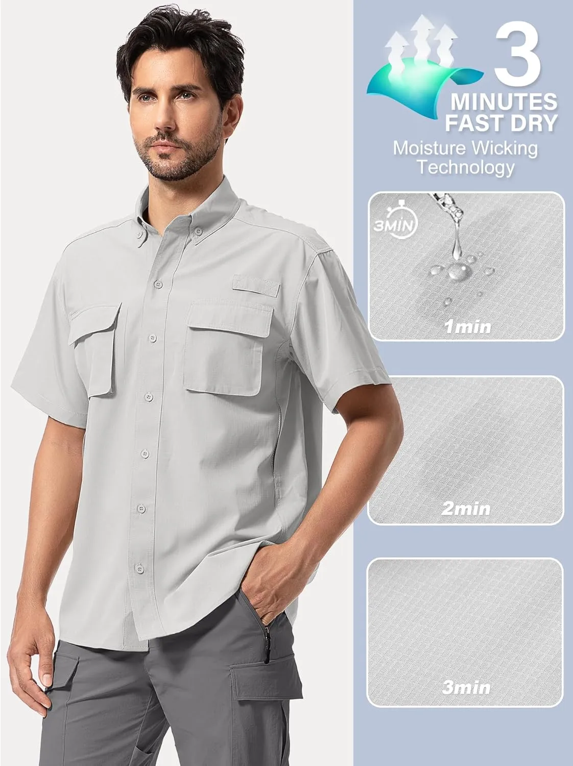 Mens UPF 50  Sun Protection Short Sleeve Quick Dry Fishing Safari Hiking Shirt with Zipper Pocket Lightweight Cooling