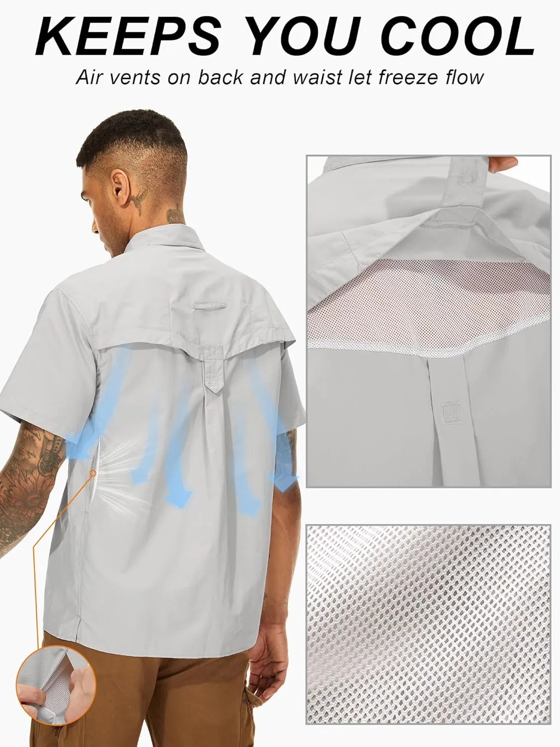 Mens UPF 50  Sun Protection Short Sleeve Quick Dry Fishing Safari Hiking Shirt with Zipper Pocket Lightweight Cooling